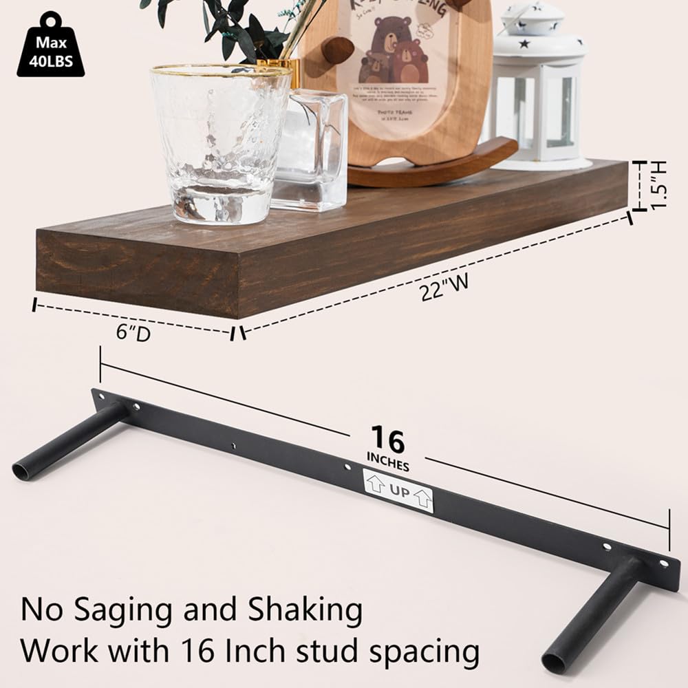 Zuiguoshan Wood Floating Shelves for Wall Set of 3, 22 Inch Rustic Floating Shelf Wall Mount, Solid Wooden Bathroom Floating Shelves for Kitchen, Bedroom, Living Room - Dark Walnut