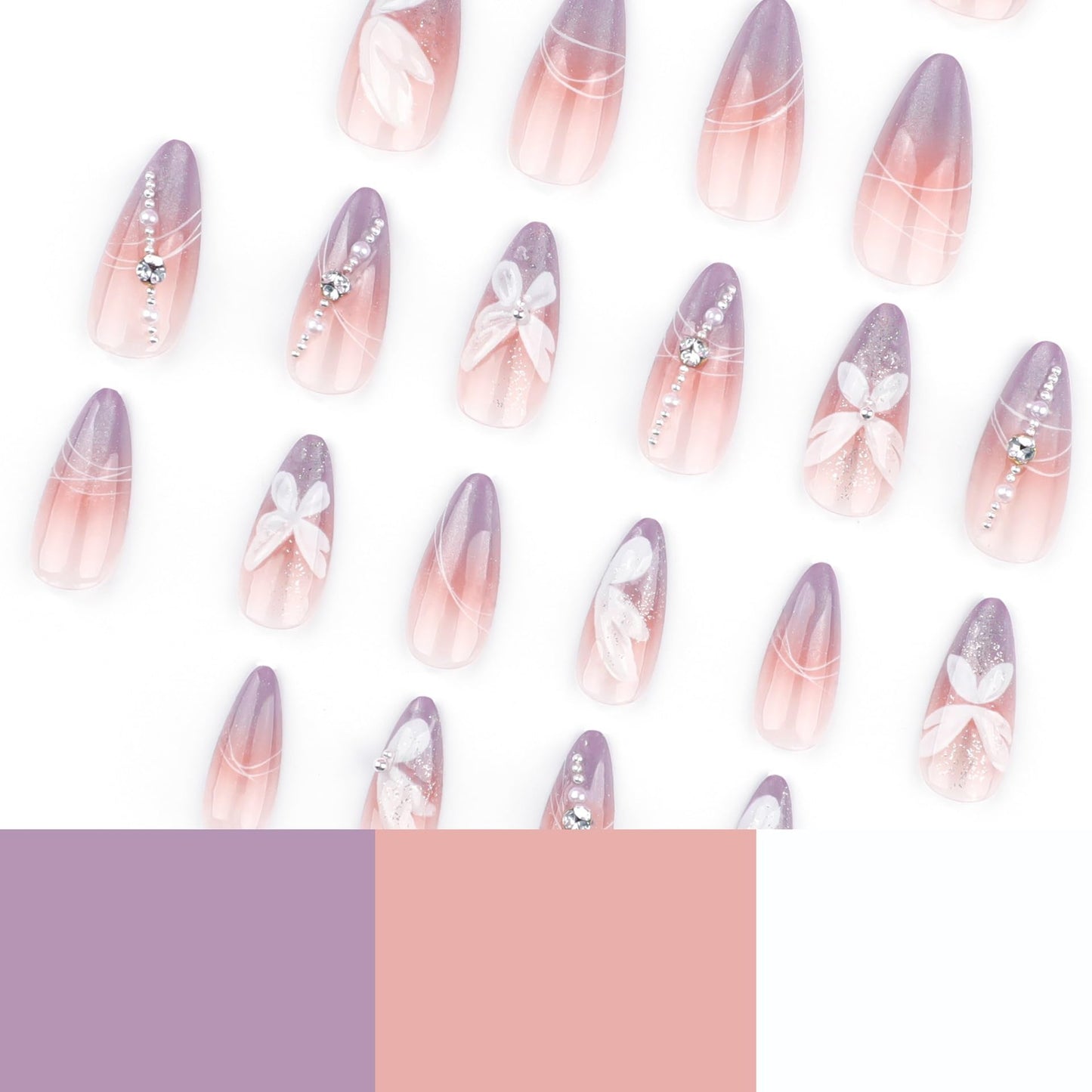 Almond Press on Nails Medium - Ombre Purple Fake Nails with Flower Butterfly Design - Rhinestone, Full Cover Stick on False Nails for Women 24Pcs