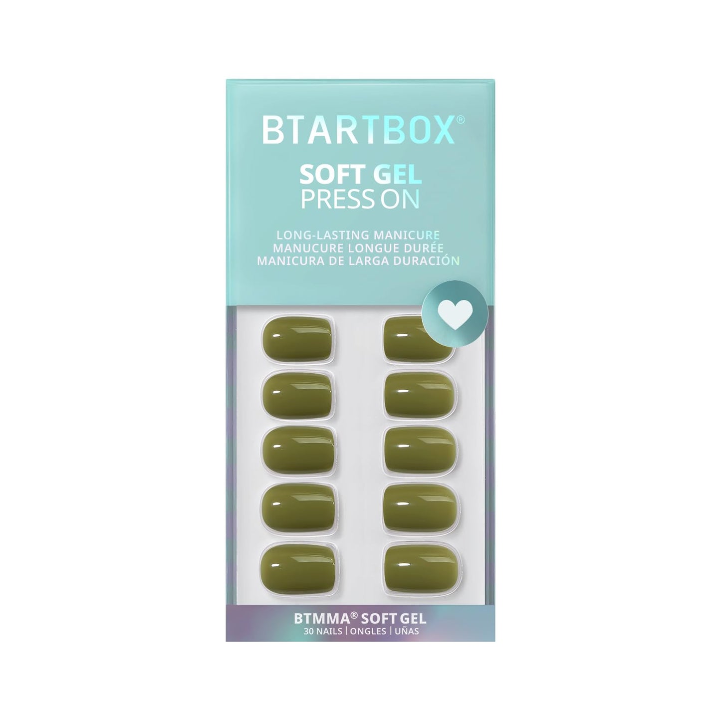BTArtbox Press On Nails Short - Olive Green Squoval Press On Nails with Glue for Women, Opaque Soft Gel Glue On Nails in 15 Sizes - 30 Stick On Nails Kit, Moss Muse