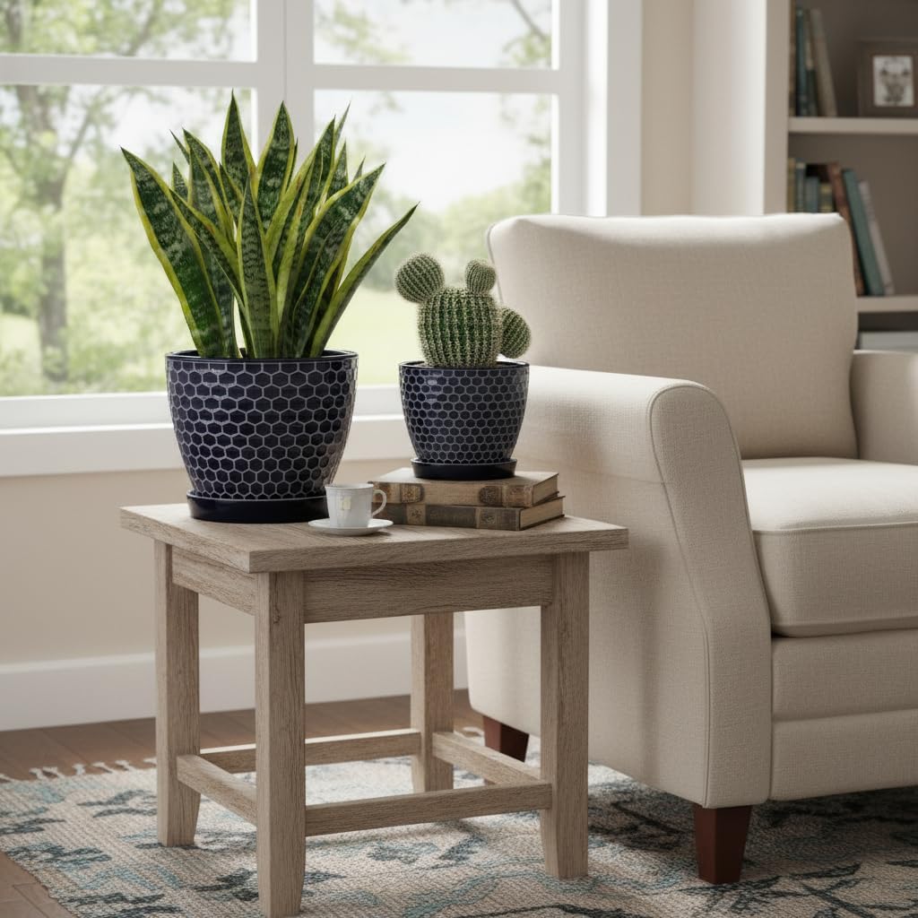 Docrin Blue Honeycomb Ceramic Plant Pot Set - 6.6"+5.5" Inch, Modern Decorative Planters with Drainage Holes & Saucers for Indoor/Outdoor Home Office