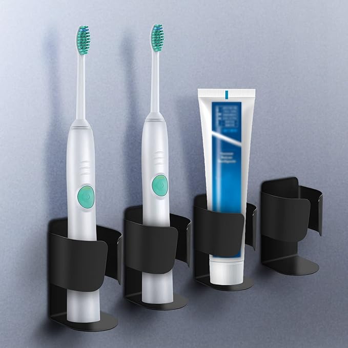 Electric Toothbrush Holder Wall Mount, 304 Stainless Steel Self-Adhesive Bathroom Organizer for Electric Toothbrush, Toothpaste & Face Wash–Space Saving, Waterproof, Holds Up to 10lbs (2 Pack, Black)