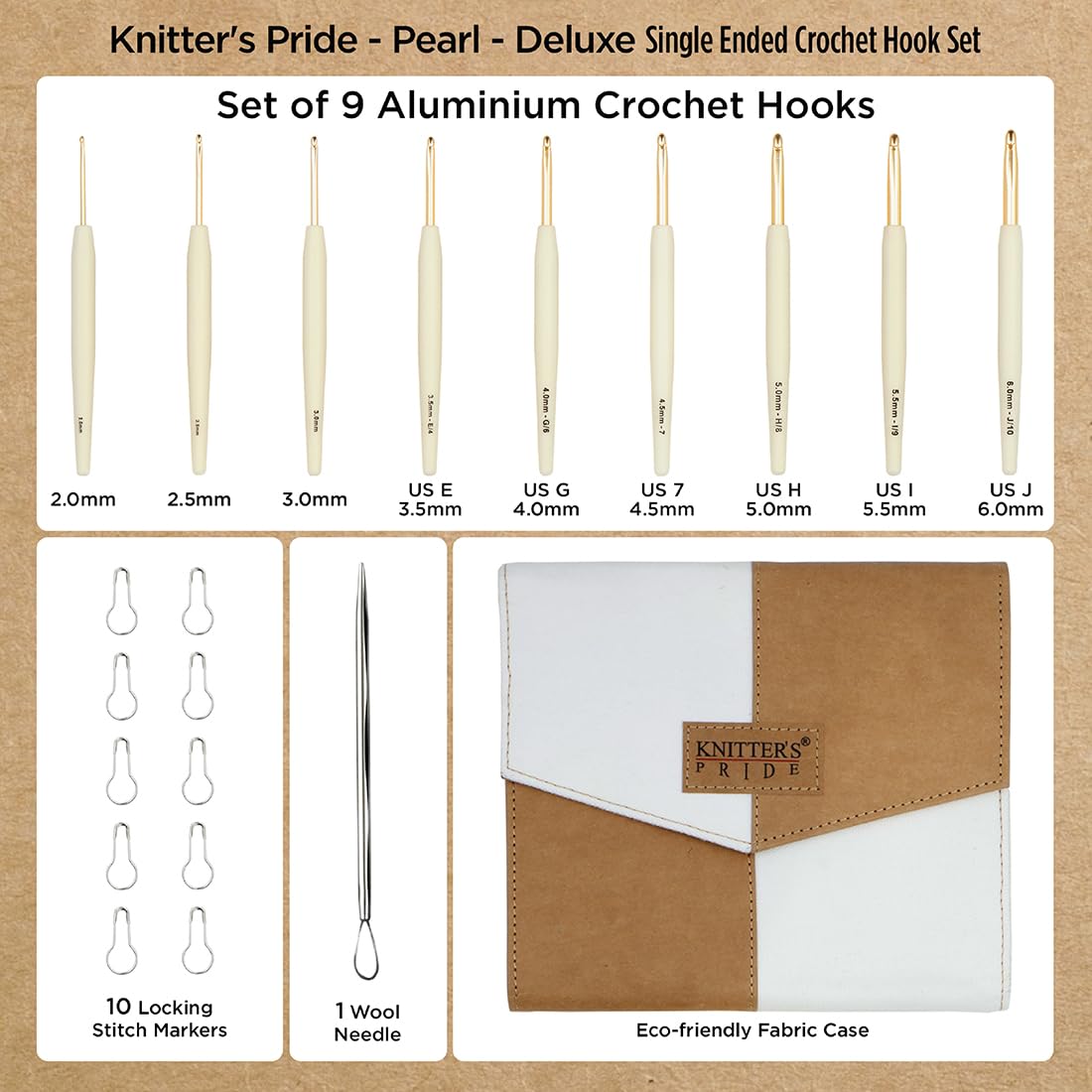 Knitter’s Pride Pearl Deluxe Aluminum Crochet Hook Set – 9 Sizes (2mm to 6mm)
