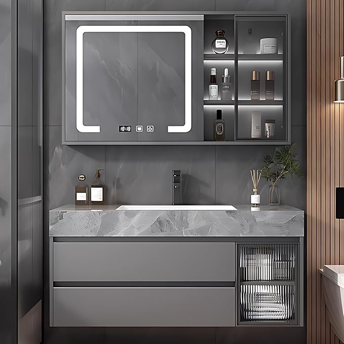 Gray 44IN Modern Bathroom Vanity - Wall-Mounted Bathroom Storage Cabinet & Bathroom Vanity with Sink, Bathroom Medicine Cabinet Wall Mounted, Defogging & Led Lighting | Bathroom Cabinet Slim