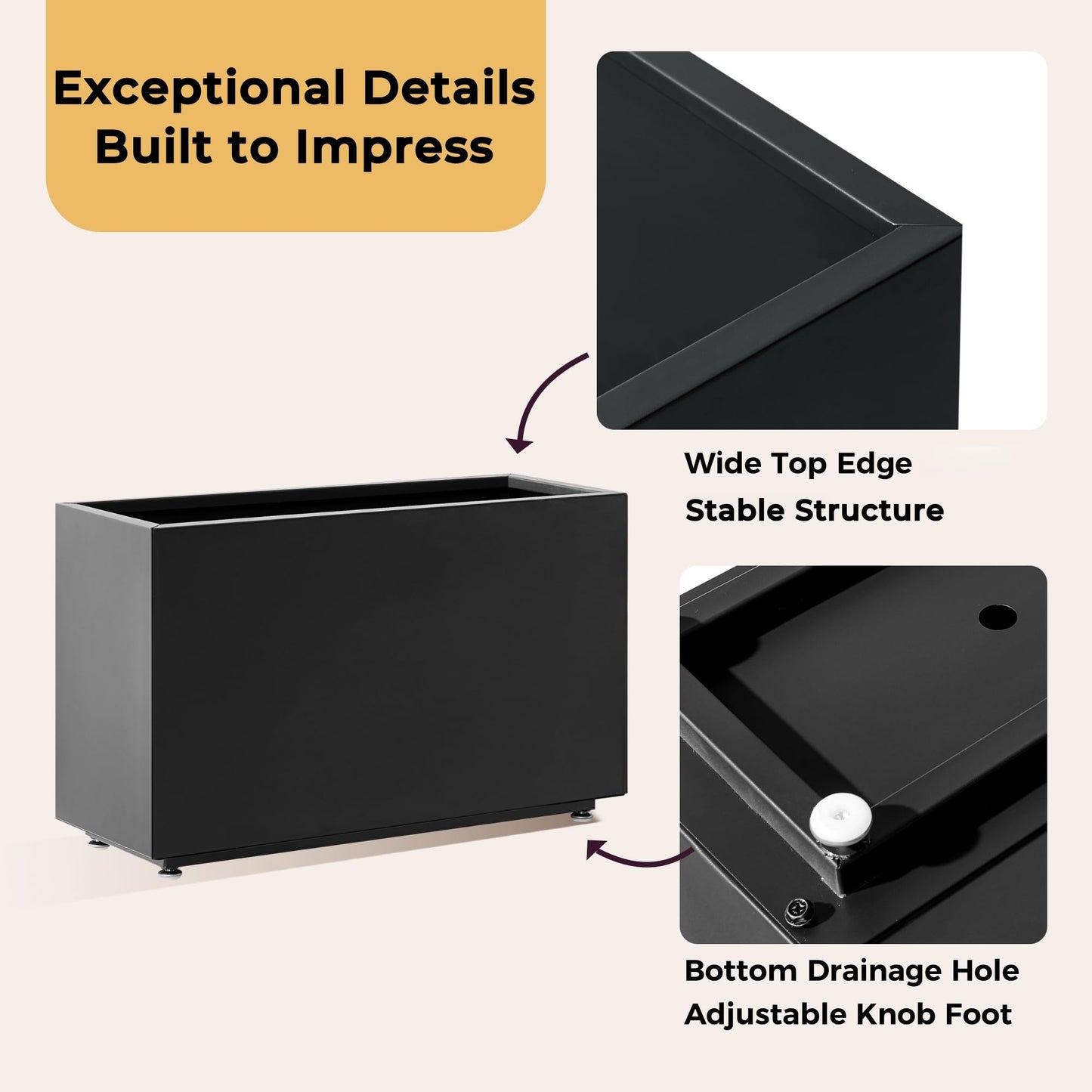 Foresland Outdoor Metal Planter Box 26Wx10Dx16H, Large Rectangular Trough Planters, Easy 5-Min Assembly, Modern Plant Container with Drainage Holes, Heavy Duty, Weather Resistant, Black
