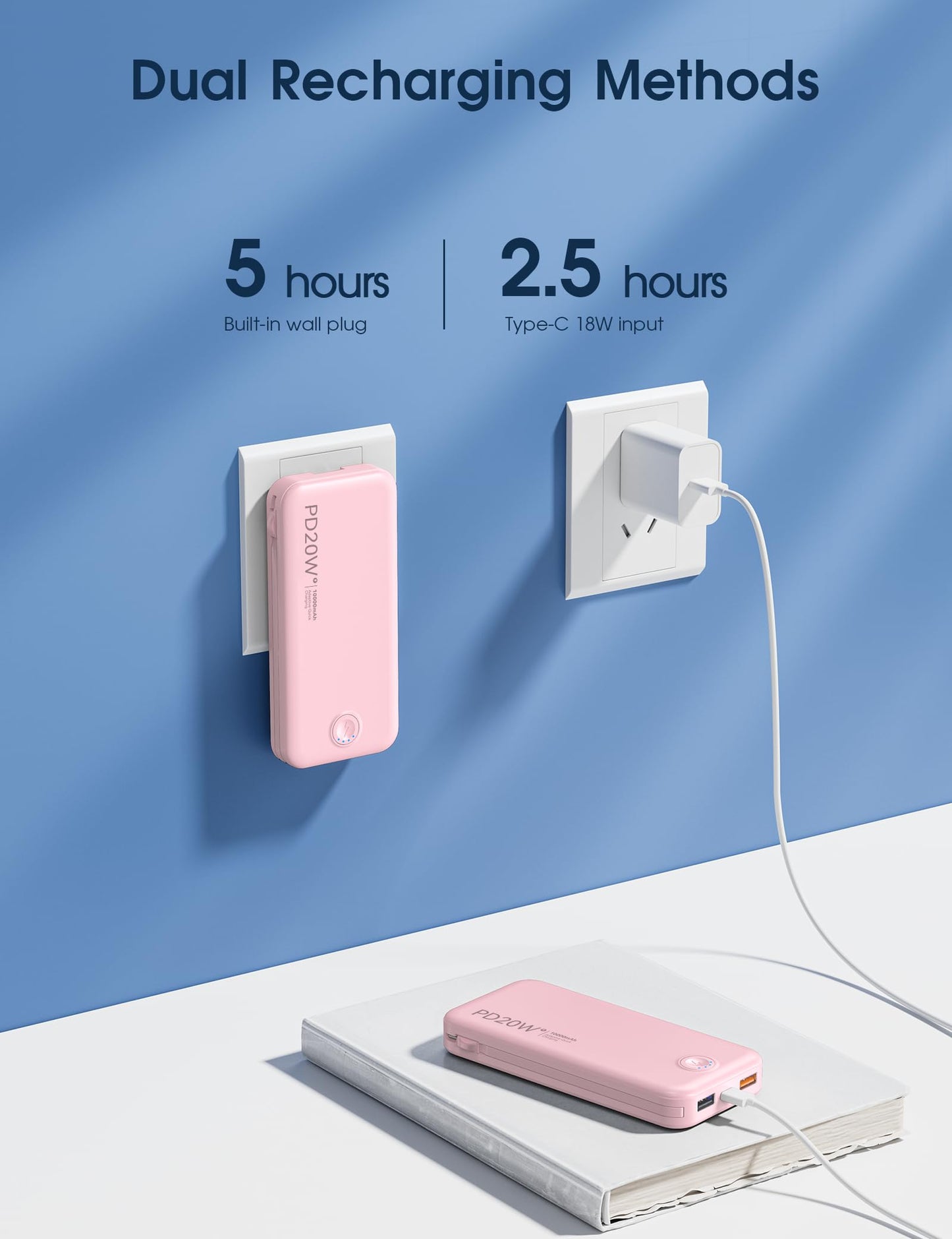 Nusyddy Portable Charger, 10000mAh PD20W Fast Charging Power Bank with Built-in Cables & Wall Plug, Travel Essentials External Battery Pack, USB C Battery Phone Charger for iPhone, iPad, Samsung Pink
