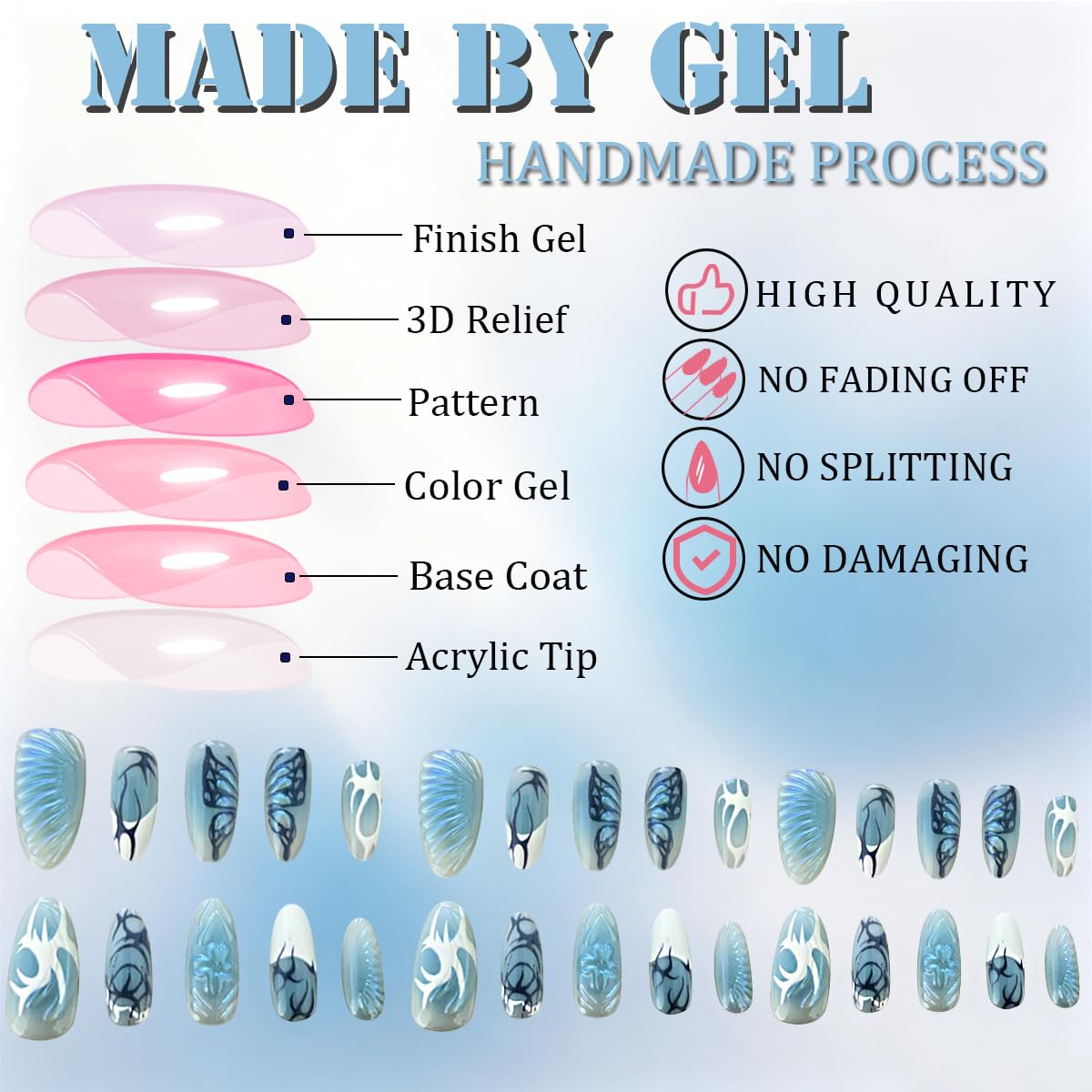 3D Press On Nails Almond Medium Light Blue Fake Nails with Embossed Butterfly Wings Flower French Designs, Acrylic Artificial Nail Press ons False Stick On Nails for Women Girls 30Pcs