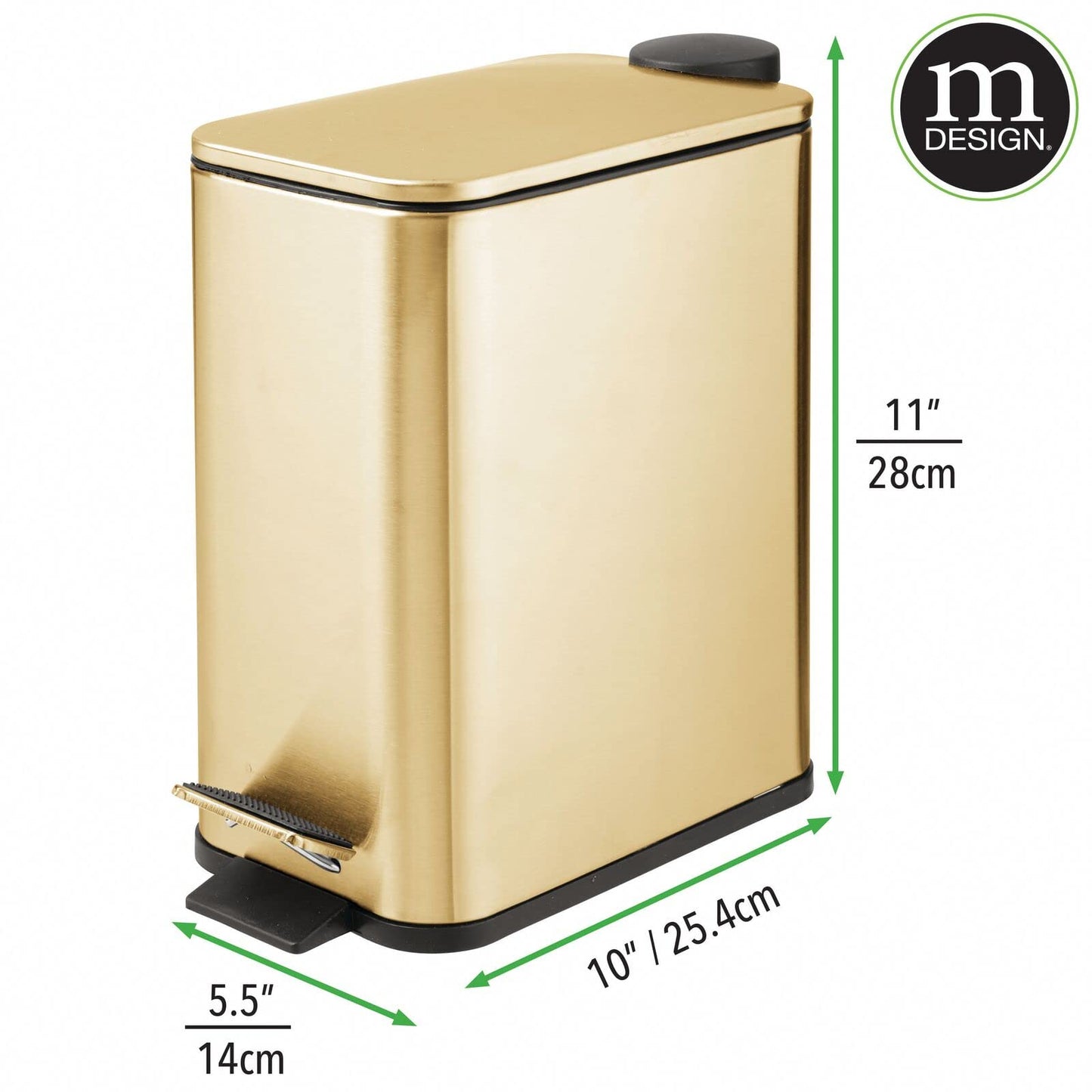 mDesign 1.3 Gallon Rectangular Slim Metal Trash Can w/ Foot Pedal, Easy-Close Lid, Narrow Wastebasket, Garbage Container Bin - Bathroom, Bedroom, Kitchen, Home Office, Removable Liner- Soft Brass