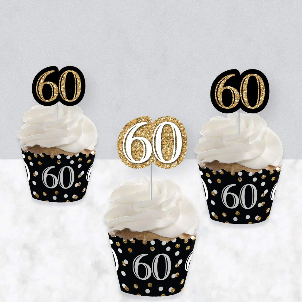 Big Dot of Happiness Adult 60th Birthday - Gold - Cupcake Decoration - Birthday Party Wrappers and Treat Picks Kit - Set of 24
