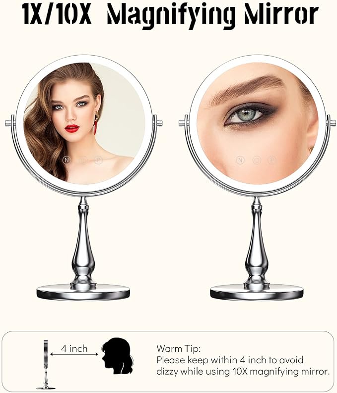9" Large Lighted Makeup Mirror, 1X/10X Magnifying Vanity Mirror with 3 Colors Dimmable Lightning, 80 LED Lights, 360°Rotation Double Sided Standing Desk Mirror
