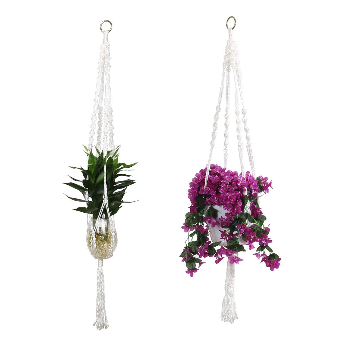 uxcell Nylon Outdoor Indoor Balcony Macrame Plant Hanger Flower Pot Holder Hanging Rope Baskets 2pcs White