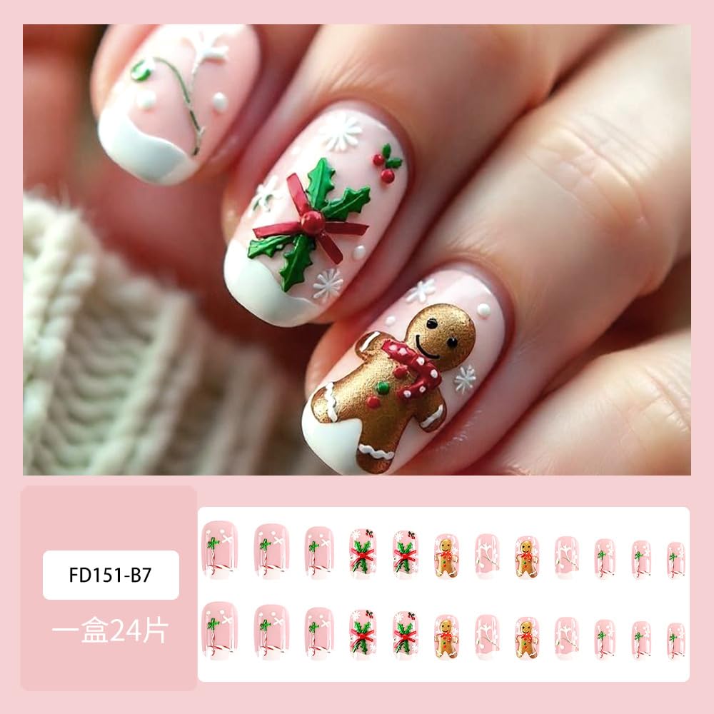 Christmas Press on Nails Medium, Square Winter French Fake Nails with Gingerbread Man Snowflake Designs, Acrylic Nails Press ons Artificial Nails Stick on Nails for Women 24Pcs