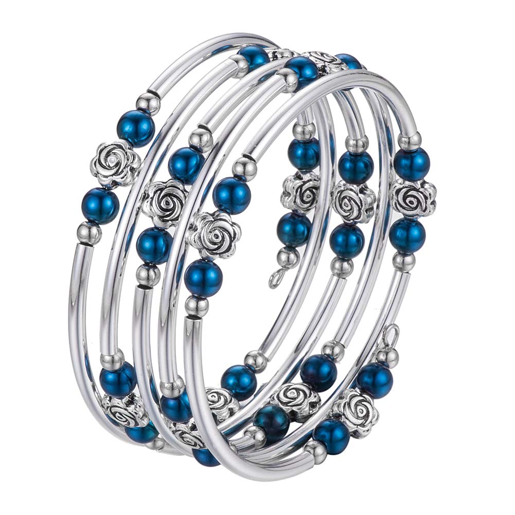 BULINLIN Wrap Bangle Rose Bead Bracelet - Beaded Bracelet with Natural Agate Stone Gifts For Women(01-Sapphire pearl)