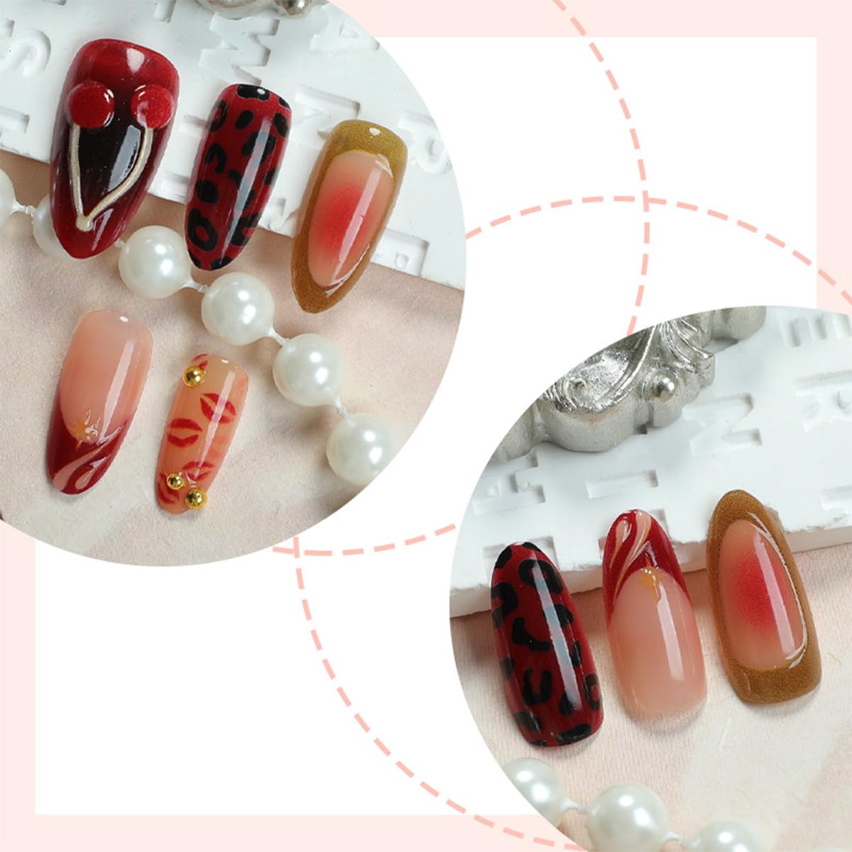 30Pcs Valentines Press on Nails Medium Almond Shape French Tip Fake Nails with 3D Golden Bead Cherry Designs Sexy Red Lips False Nails Red Glossy Acrylic Stick on Nail for Women DIY Manicure Kits