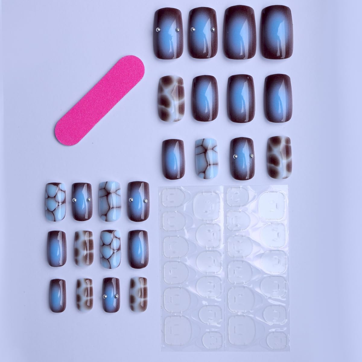 plalely Square Press on Nails Medium Blue Fake Nail Turtle Print Acrylic Nail Press ons With 3D Charm Stick on Nail for Women 24pcs