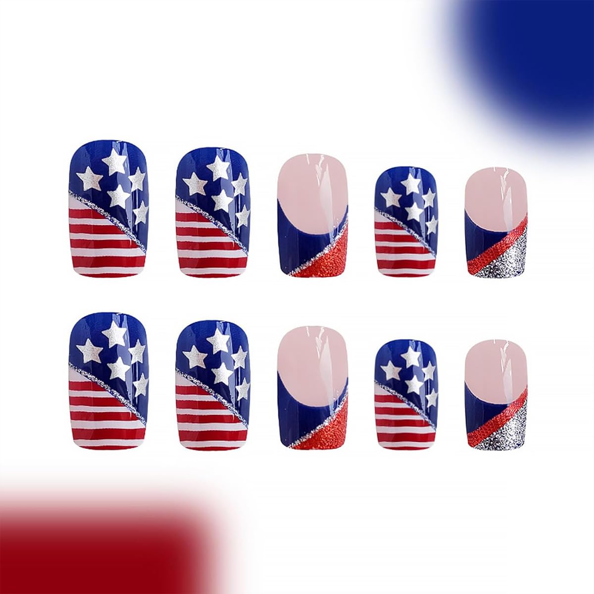 24Pcs 4th of July Press on Nails Short Square French Tip Fake Nails Independence False Nails with American Flag Star Glitter Design Acrylic Day Glue on Nails DIY for Women Decoration