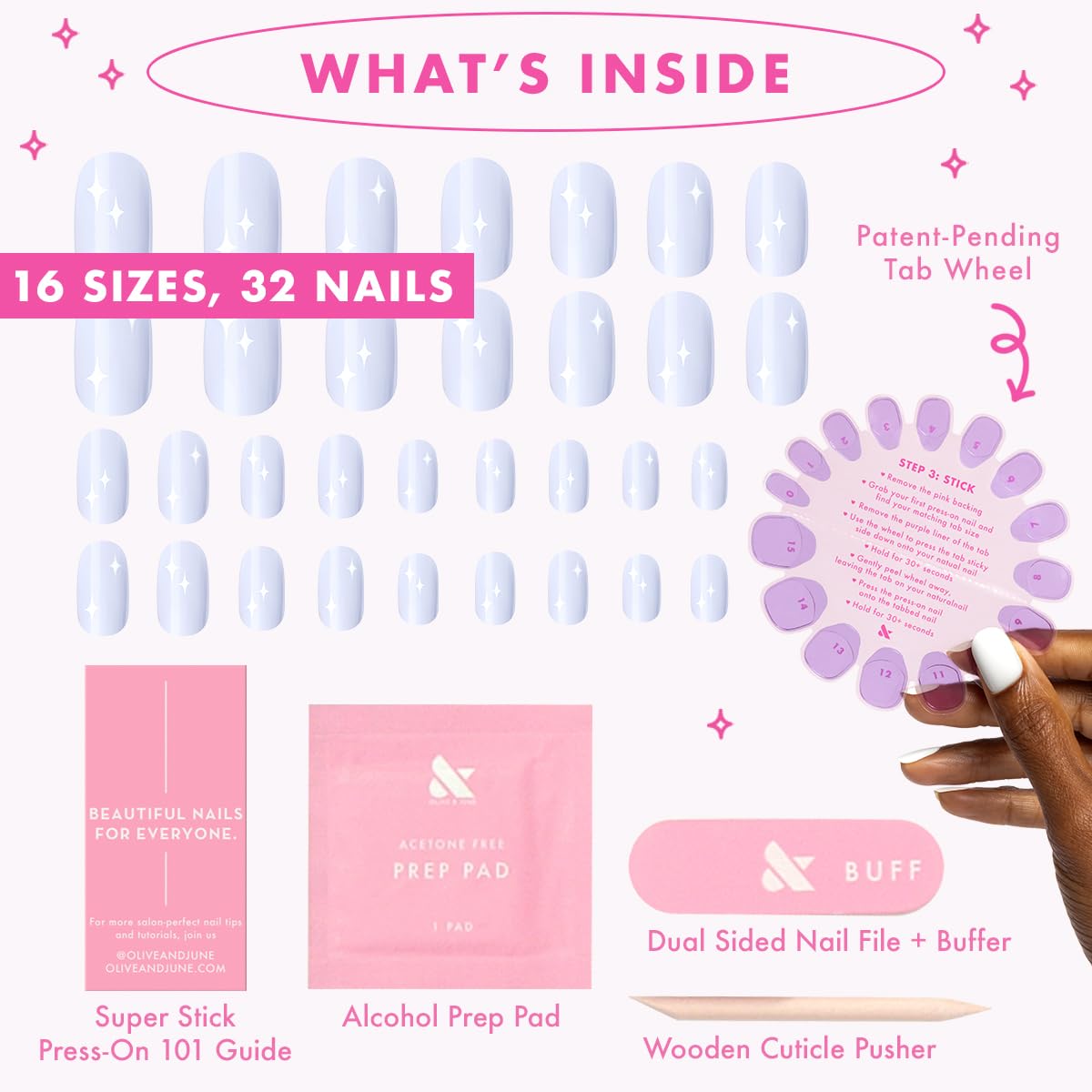 Olive & June Classic Super Stick Mani Press On Nails | No Glue Needed | 32 Tab Nails 16 Sizes | Non-Toxic Tabs Non-Damaging 7-Day Wear | Spring Flowers & Patterns | Short, Round | Sparkle Accent