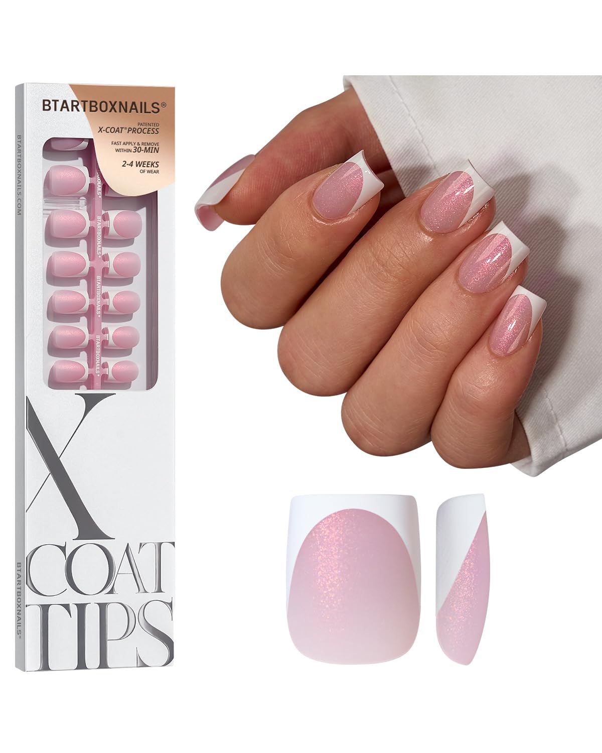 BTArtboxnails Shimmering French Tip Nails - 96Pcs Sparkling Pink Base Extra Short Press On Nails, Requires Nail Lamp & Top Coat, 16 Sizes Full Set for Wedding