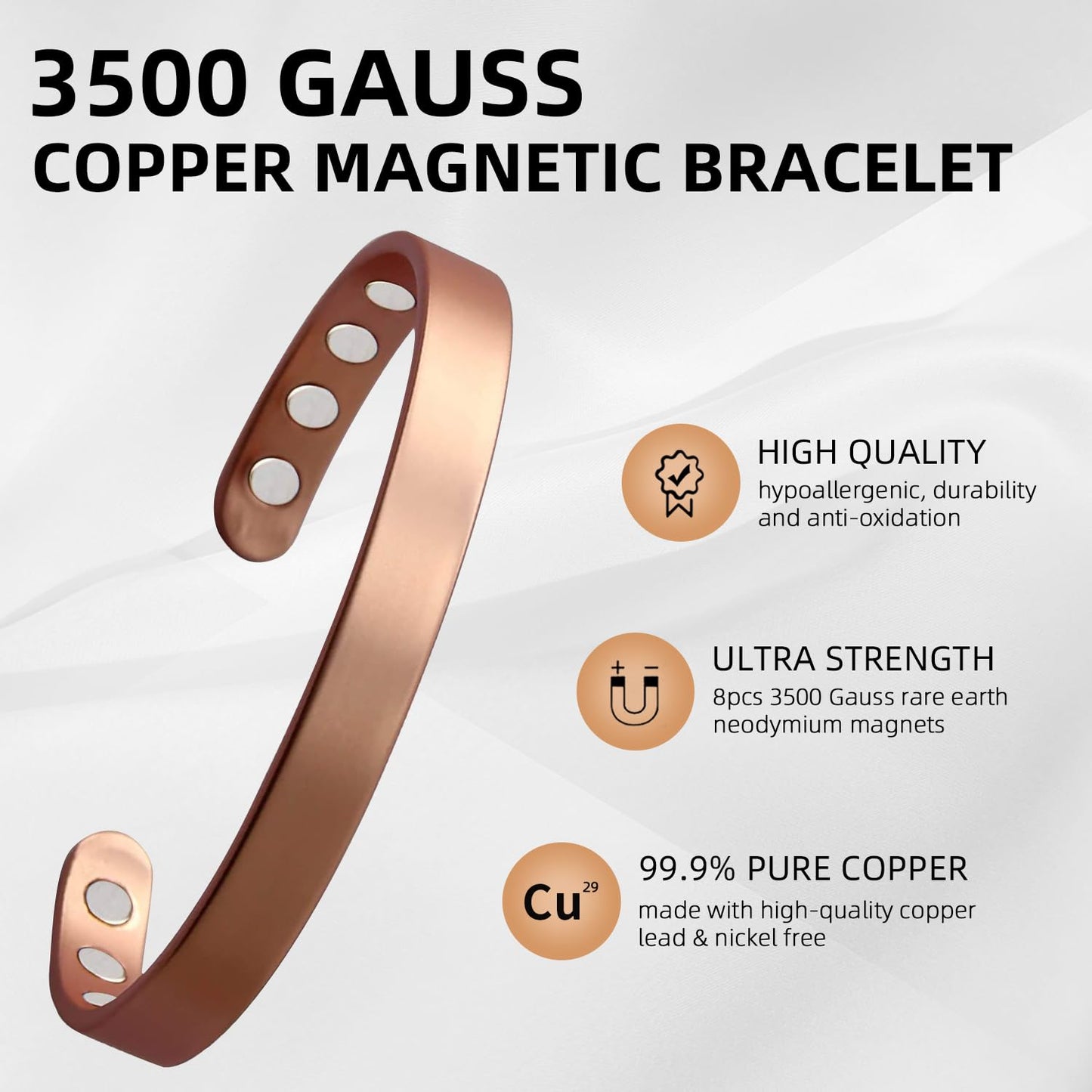 MagEnergy Copper Bracelet for Men and Women, 99.9% Pure Copper Magnetic Bangle with 8pcs 3500 Gauss Magnets,6.8" Adjustable Copper Cuff