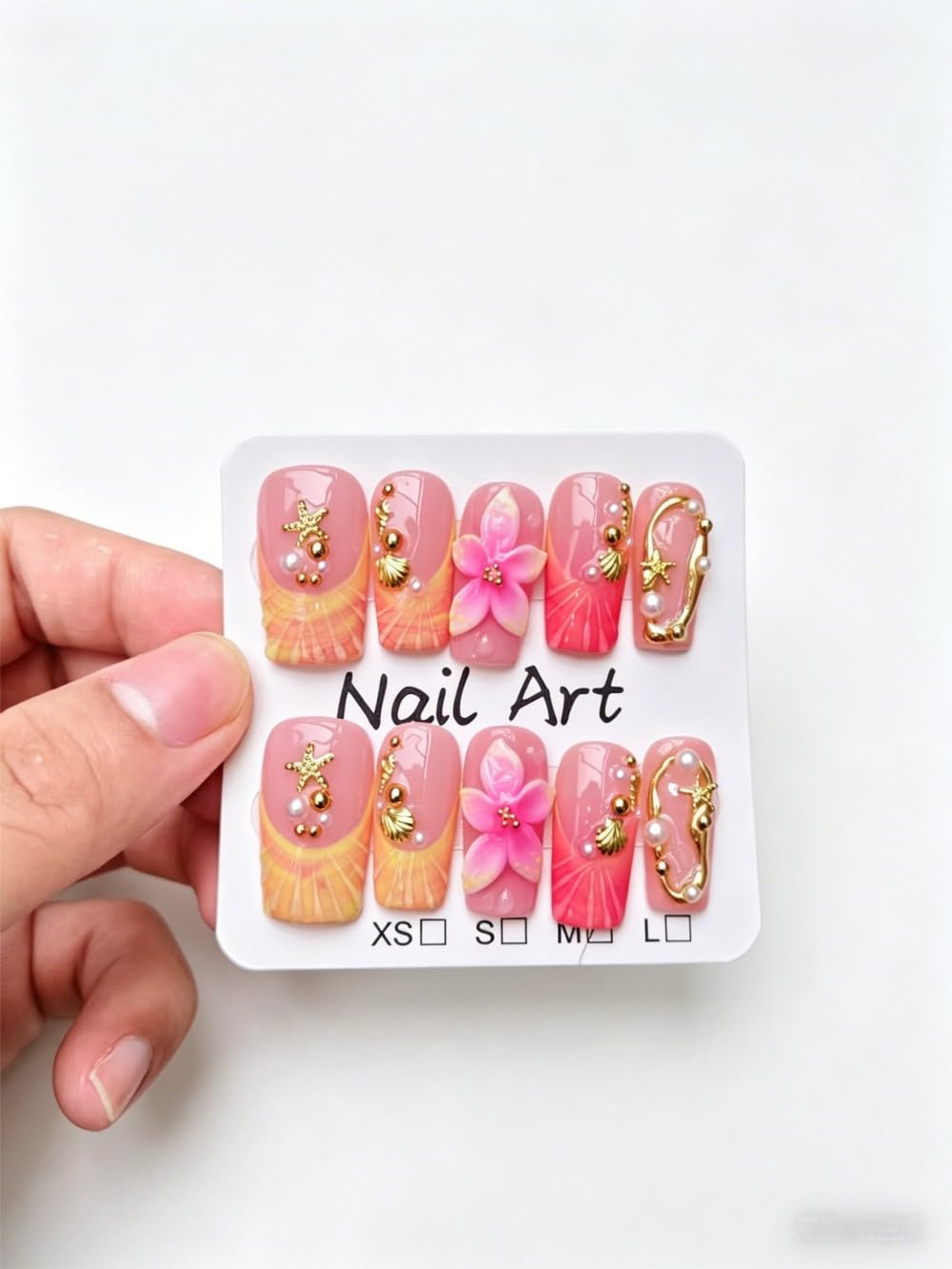 Vokupoga Square Handmade Press on Nails Medium Fake Nails with 3D Flower Pearl Designs French Tip Summer Beach Glossy Acrylic Nails for Women 10Pcs(Size M)