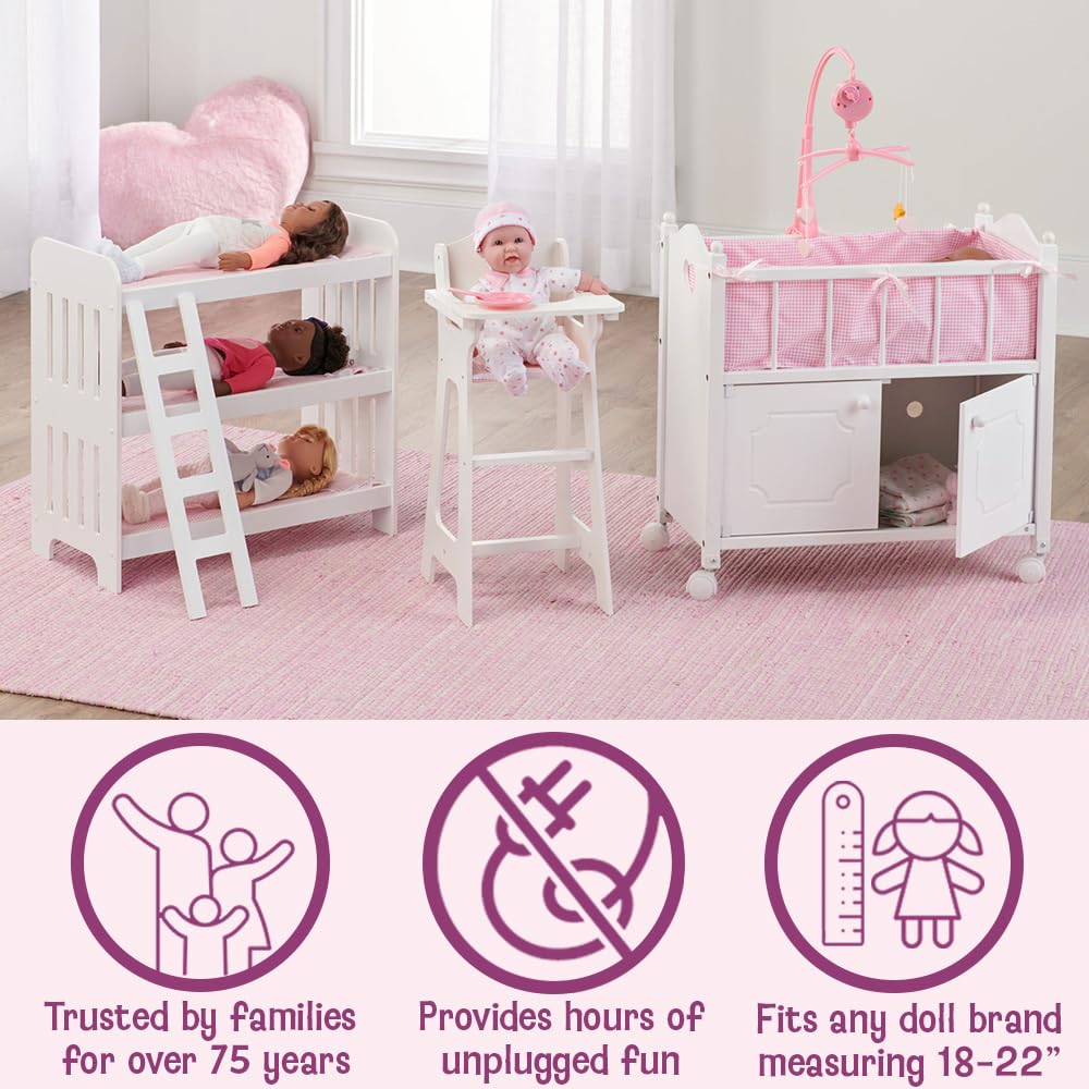 Badger Basket Wooden Toy Doll Bed with Storage, Mobile, and Bedding to Pretend and Play - Includes Wheels and Free Personalization Kit - White with Pink Gingham Fabric