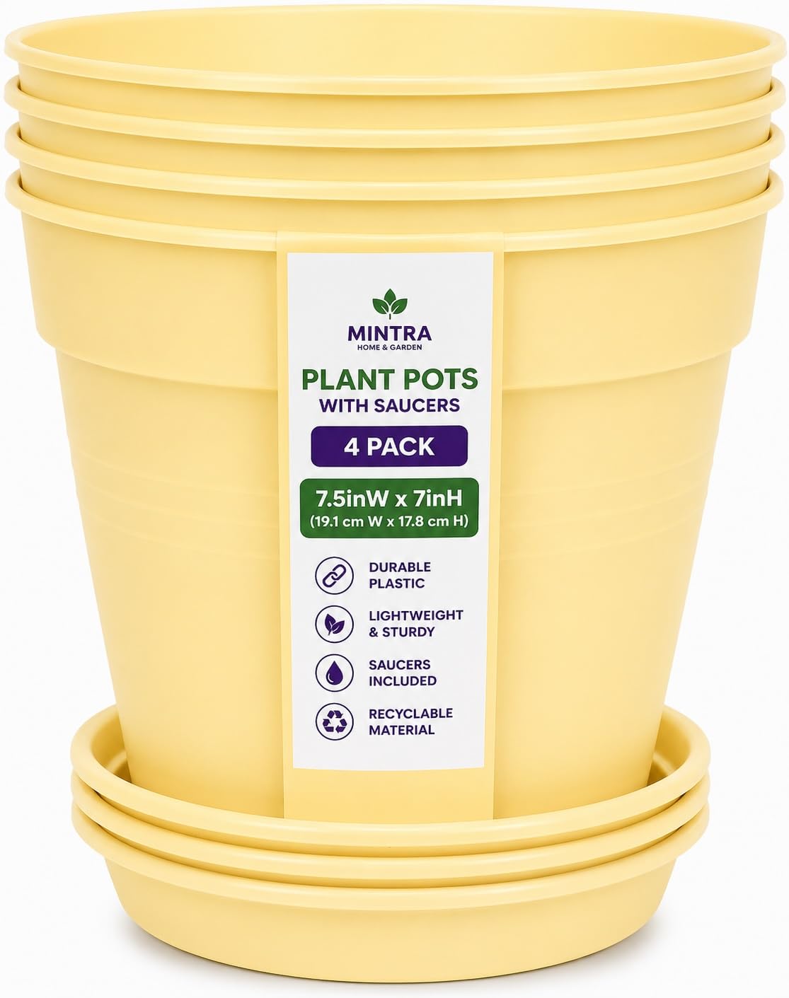 Mintra Garden Pots, 4 Pack Bulk Plastic Plant Pots with Drainage Tray, Round Indoor & Outdoor Decorative Planters with Drain Holes for Flowers, Herbs & Plants, 19cm Diameter – Yellow, 7.5 in