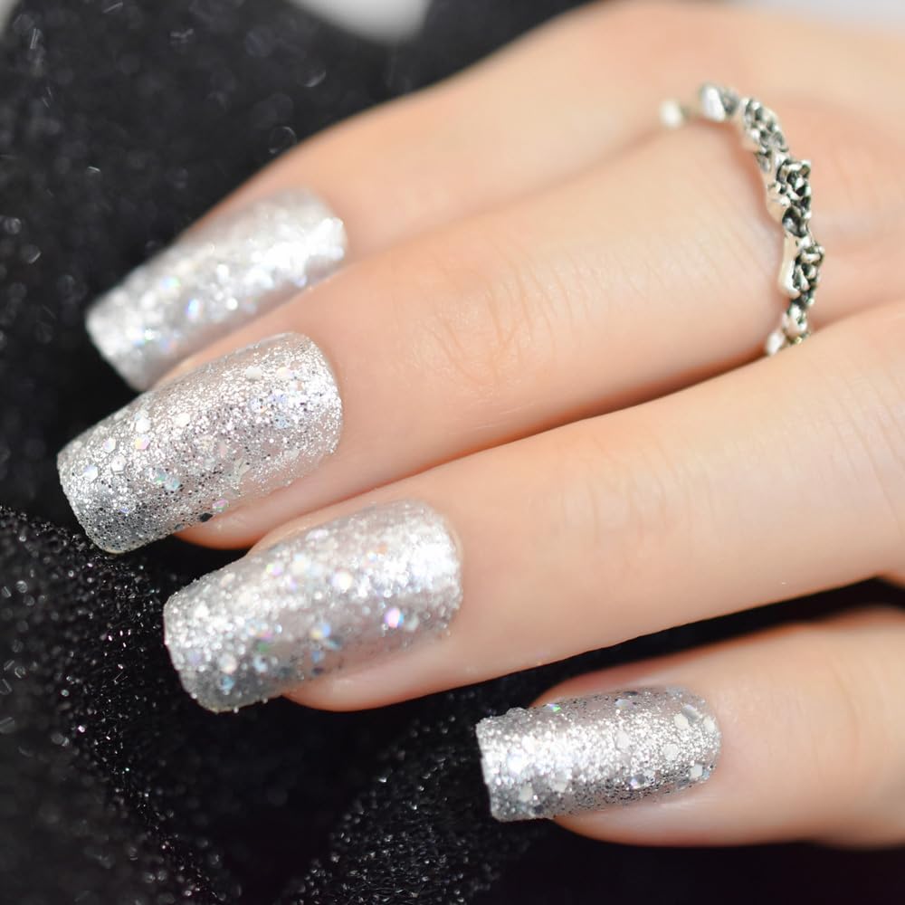 IKISKT Press On Nails - Shiny Glitter Tips | Bright Sliver White Gel Tip l UV Medium Square False Fake Nails, Reusable Glue | 10 Sizes - 24 Nail Kit