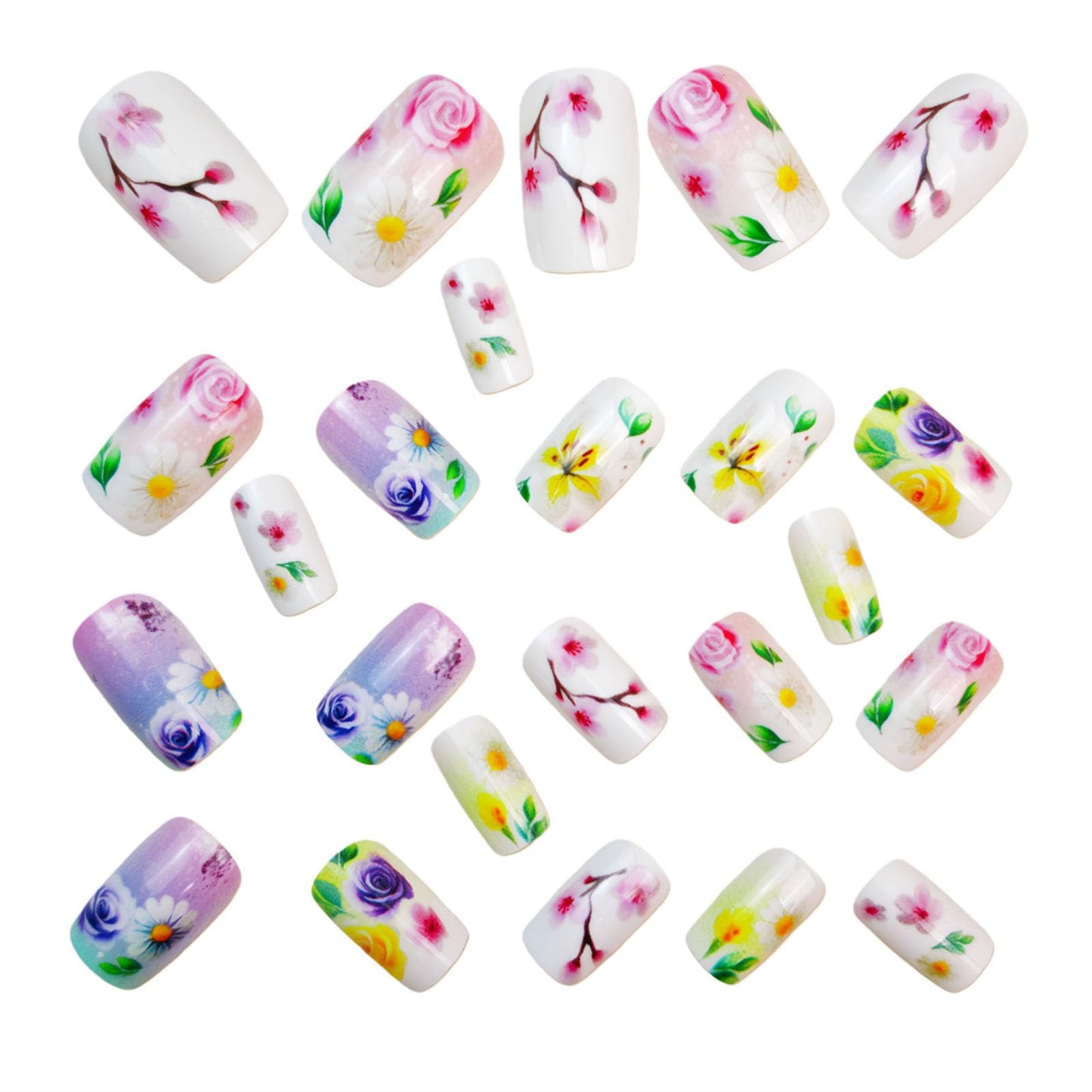 Square Press on Nails Medium Fake Nails with Purple White Yellow Pink Flower Green Leaves Designs Glossy Glue on Nails Gradient Nails Press ons Acrylic Artificial Stick on Nails for Women 24Pcs