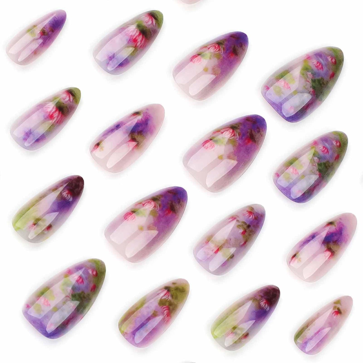 LBPEPAMZ 24Pcs Purple Press on Nails Medium Almond Fake Nails Purple Ombre Tips Full Cover Glossy Acrylic Nails False Nails Summer Lotus Lavender Stick on Nails Pink Flower Glue on Nails for Women