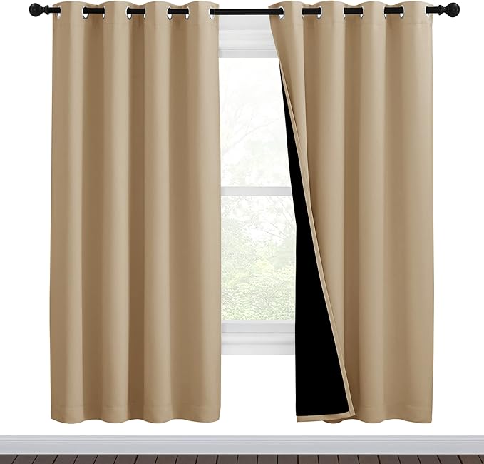 NICETOWN Living Room Completely Shaded Draperies, Privacy Protection & Noise Reducing Black Lined Insulated Window Treatment Curtain Panels for Patio Door (Set of 2 Pcs, W46 x L72, Biscotti Beige)