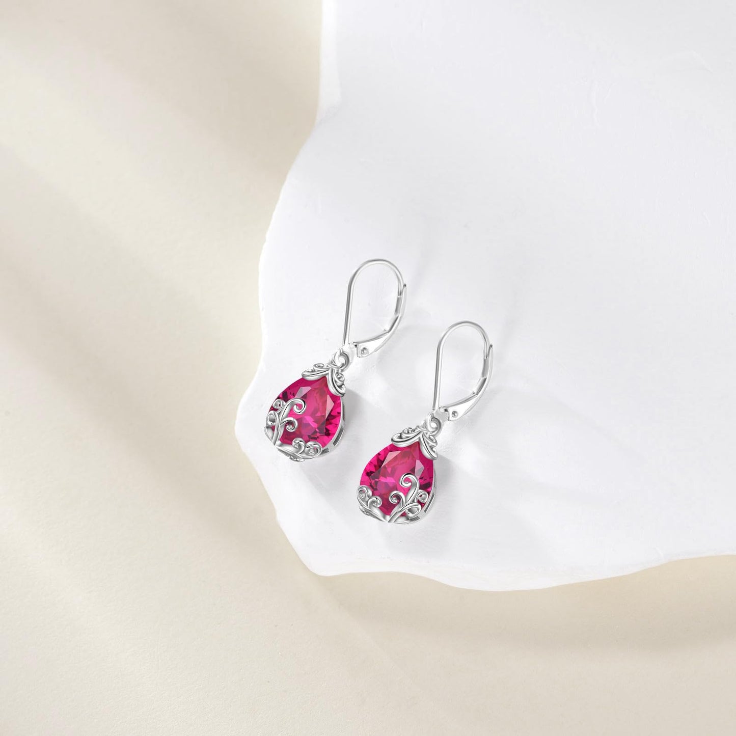 POPLYKE BirthStone Filigree Teardrop Drop Earrings Sterling Silver Ruby Leverback Earrings July Birthstone Dangle Jewelry Gifts for Women