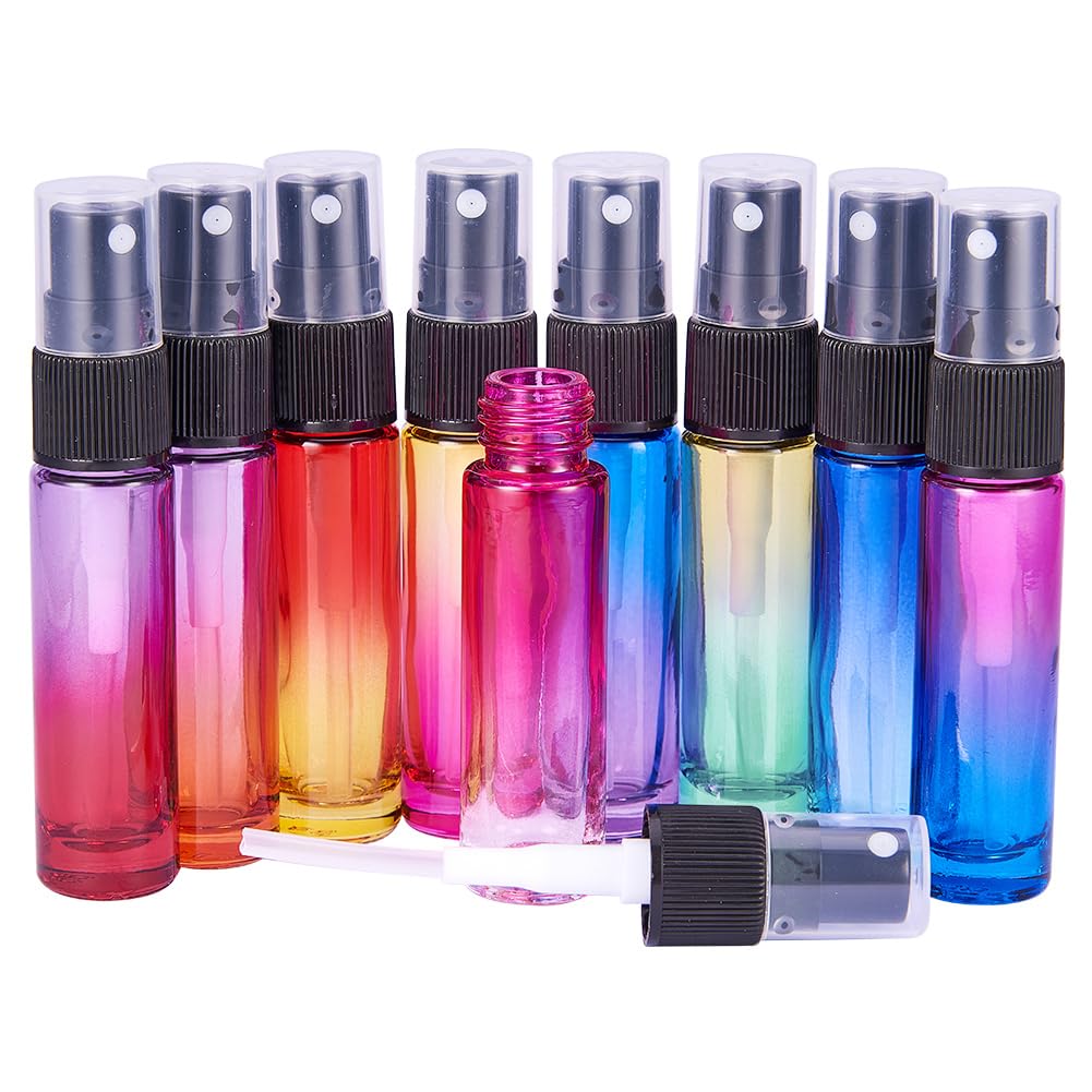 BENECREAT 9 Packs 10ml Rainbow Color Glass Spray Bottle, Refillable Fine Mist Spray Bottle for Perfume, Essential Oil, Travel Size Mini Spray Bottles