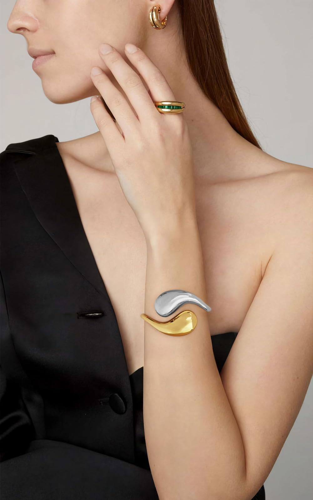 ENSKEFEN Two Tone Teardrop Cuff Bracelets for Women Gold and Silver Chunky Hinged Waterdrop Bangle Bracelets Thick Cuff Bangles Bypass Bracelet Mixed Metal Arm Cuff Bracelet