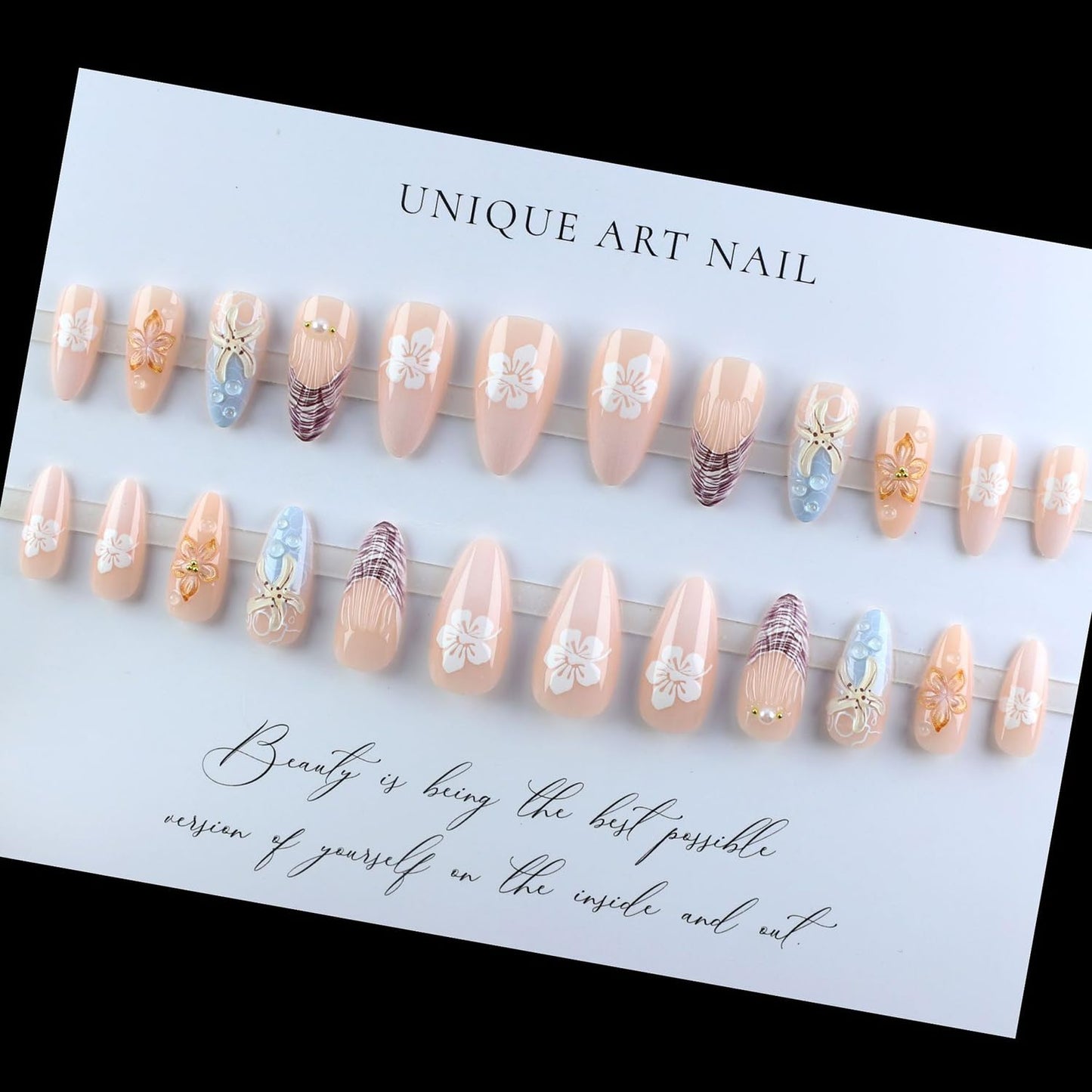 Summer Press On Nails Flower Fake Nails Press Ons Drip False Nails With 3D Starfish Pearl Design French Glue On Nails Glossy Reusable Acrylic Stick On Nails For Women Nail Decorations
