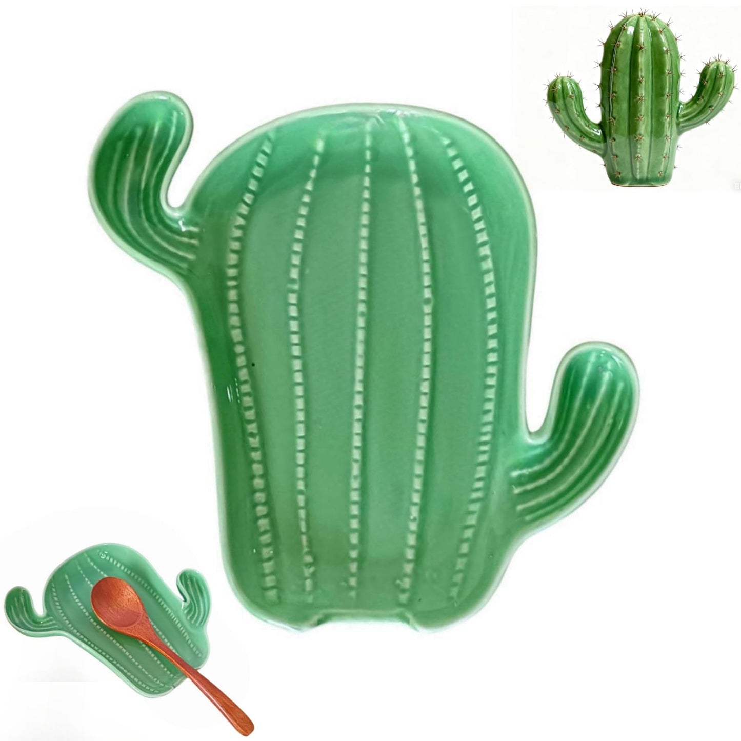 Ceramic Spoon Rest for Stove Top & Kitchen Counter Spoon Holder for Stove & Cooking Spoon Holder for Ladle Cute Coffee Spoon Rest Utensil Rest Spatula Rest, Green Cactus Kitchen Decor & Accessories