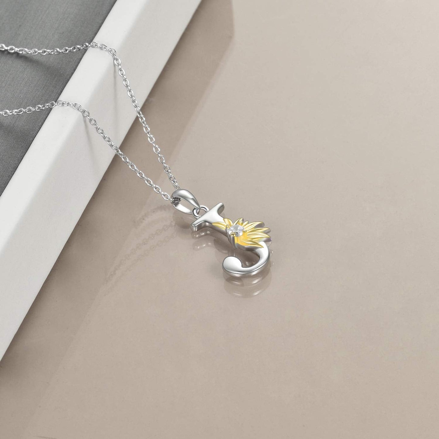 POPLYKE Sterling Silver Initial Alphabet Letter Script Name Pendant Chain Necklace for Women for (Sunflower J)