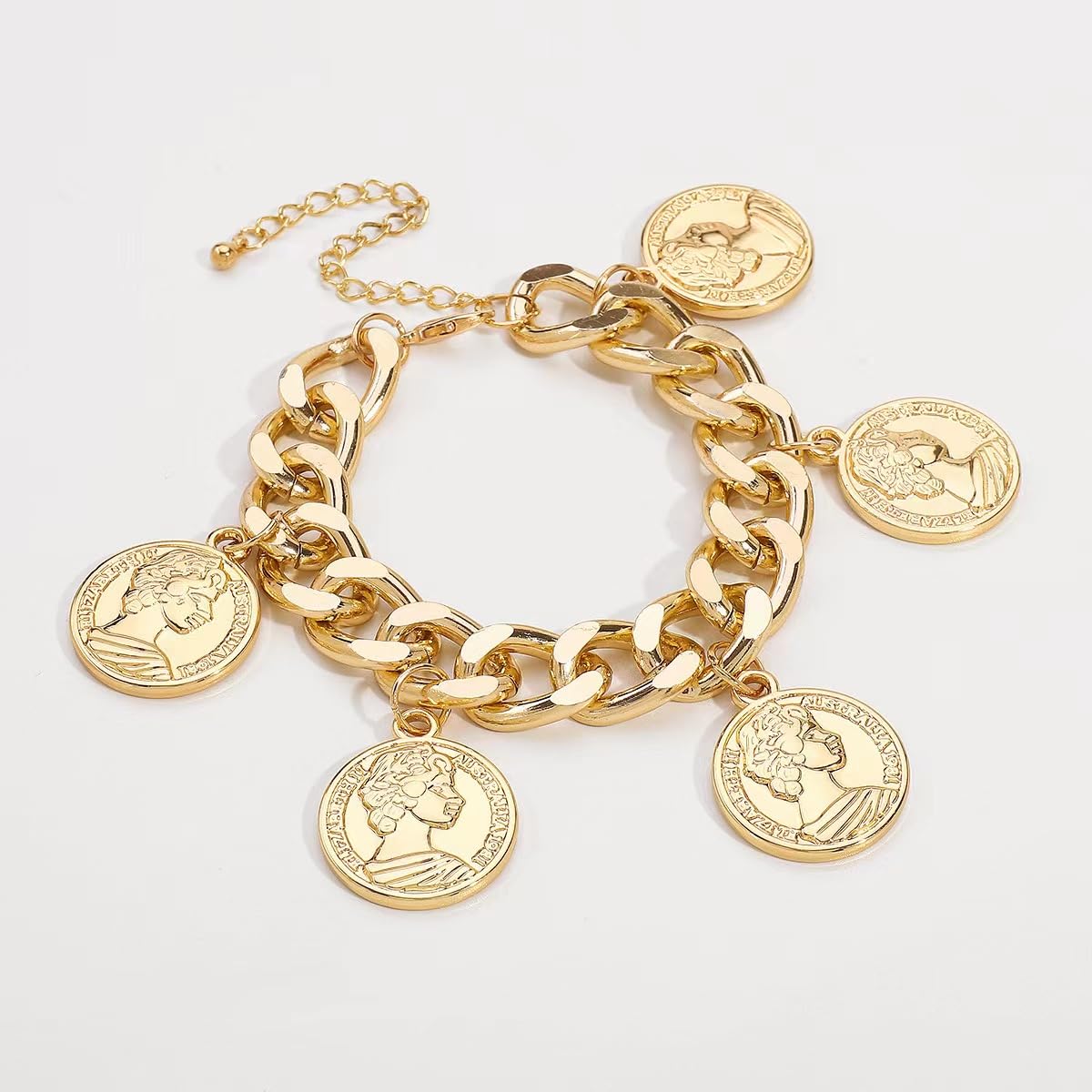 YUEKISEN Chunky Chain Dangle Bracelet Punk Cuban Curb Link Chain Bangle Vintage Gold Moroccan Coin Statement Jewelry for Women