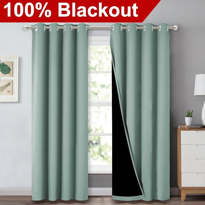 NICETOWN 100% Blackout Curtains 84 inches Long, Seafoam Green, 52 inches Wide, Pair of Energy Smart & Noise Blocking Out Drapes for Baby Room Window, Thermal Insulated Guest Room Lined Window Dressing
