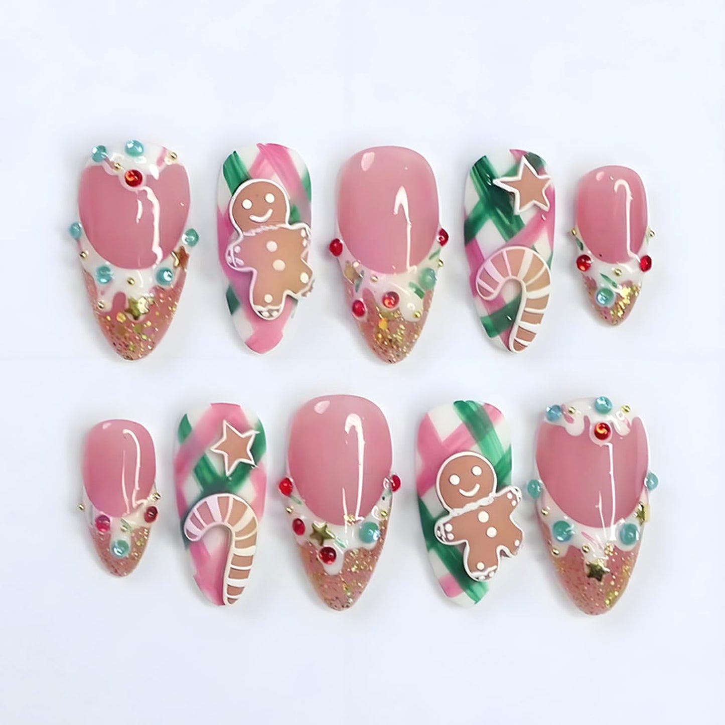 Christmas Press on Nails Medium Almond Fake Nails Cute Gingerbread Man Candy False Nails Gold Glitter French Tip Glue on Nails with 3D Rhinestones Gold Beads Star Charms Designs for Women 30Pcs