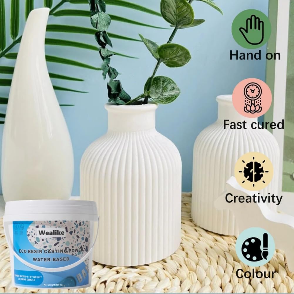 Wealike Eco Resin Casting Powder 6.6lbs/3000G,Water-Based Ceramic Resin Plaster with 6PCS Pigments,20-30 Minutes Demold.Easy Mix for Home Decor &DIY Art