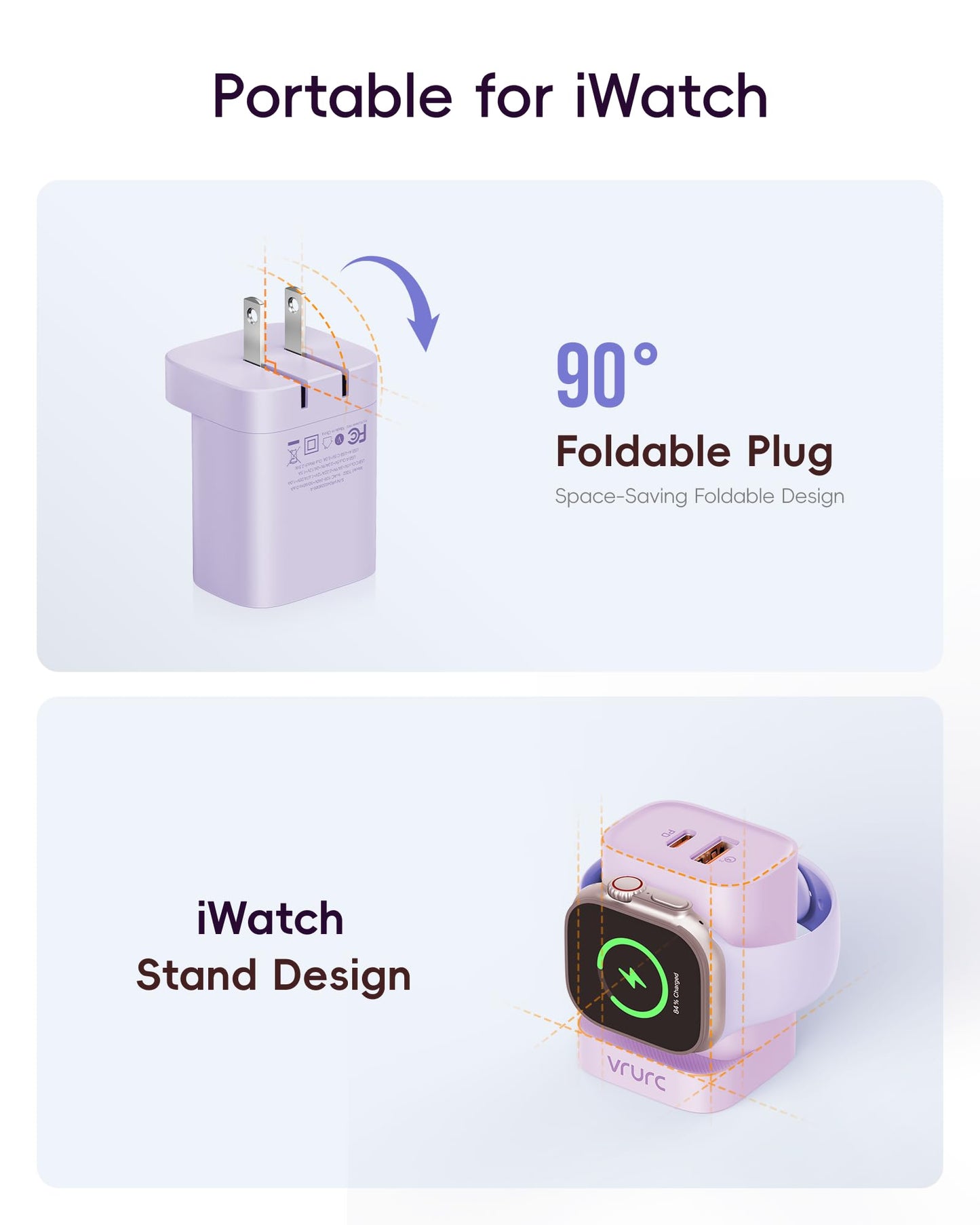 VRURC Charger for iPhone & Apple Watch, 20W USB C Fast Charging Block, 3-in-1 Compact Travel Adapter with 2 Port for iPhone 17/16/15/14/13, Wireless Magnetic for iWatch SE/11/10/9/8/7/6/5/4-Purple
