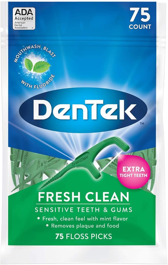 DenTek Fresh Clean Floss Picks, for Extra Tight Teeth, 75 Count, (Pack of 6)