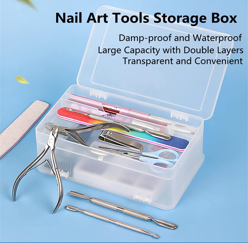 PTGMH Plastic Nail Art Tools Organizer Nail Brushes Container Case Manicure Tools Holder Double Layers Large Capacity Nail Tools Storage Box (transparent)