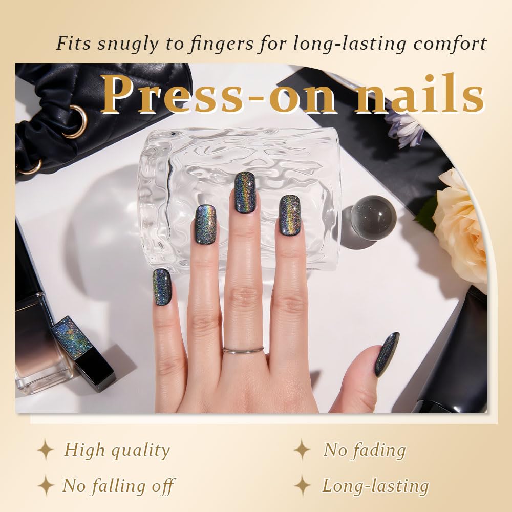 evpct Black Chrome Metallic Cat Eye Press on Nails Medium Square No Glue, Stick on Nails Medium Square for Women, Black Metallic Nail press ons, Iridescent Glitter Halloween Acrylic Fake Press on Nail