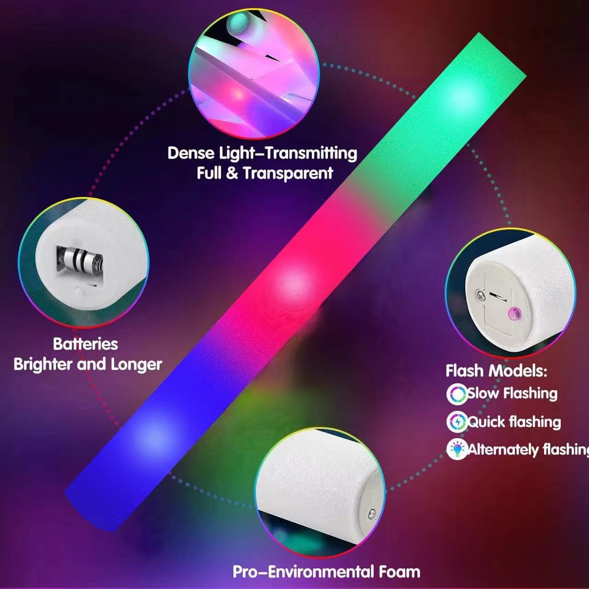 210 PCS Foam Glow Sticks with 3 Modes Colorful Flashing, Glow in Dark Party Supplies, Bulk for Wedding, Raves, Concert, Halloween, 4th of July