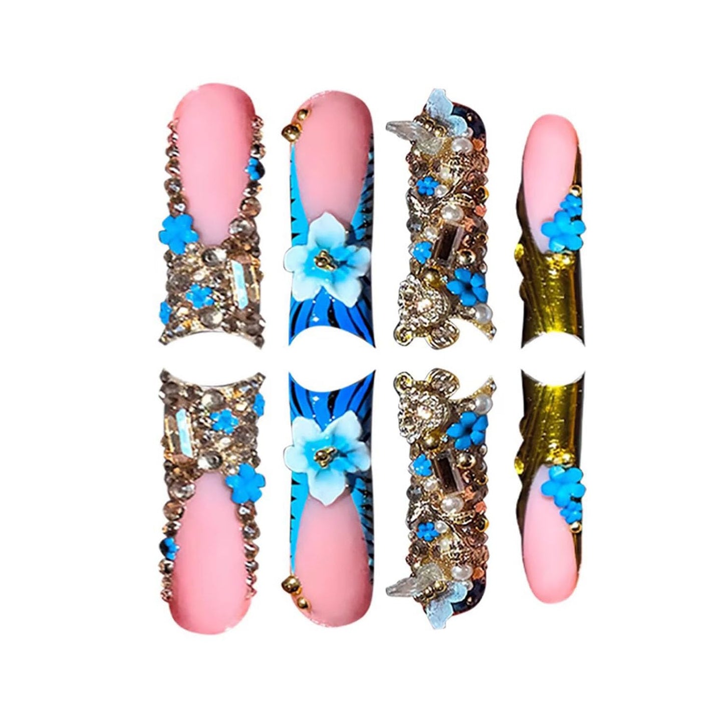 FIEONCIY Press on Nails Coffin Long Length Acrylic Glossy Full Cover Square Shaped French False Nails with Designs Artificial Extra Long Fake Nails with Charms Glue ons Fingernails for Women(AA176)