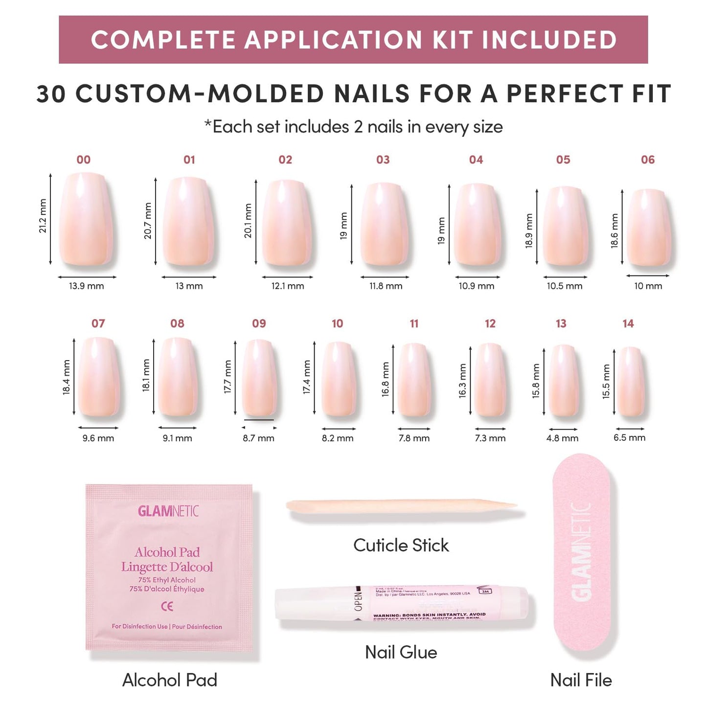 Glamnetic Press On Nails - Medium Coffin Fake Nails, Glazed Nude Ombré Nails, Delicate Touch | 15 Sizes - 30 Nail Kit with Glue | Gift for Mom
