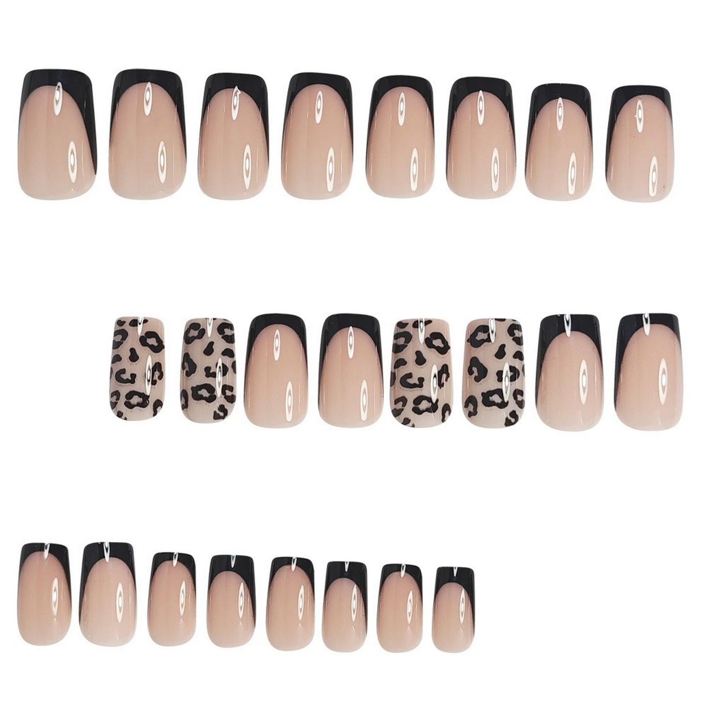 24 Pcs French Press on Nails Short Square Shaped Fake Nails with Black Leopard Print Designs Full Cover Acrylic Nails Glossy False Nails Stick on Nails Women Nails Manicure Decoration