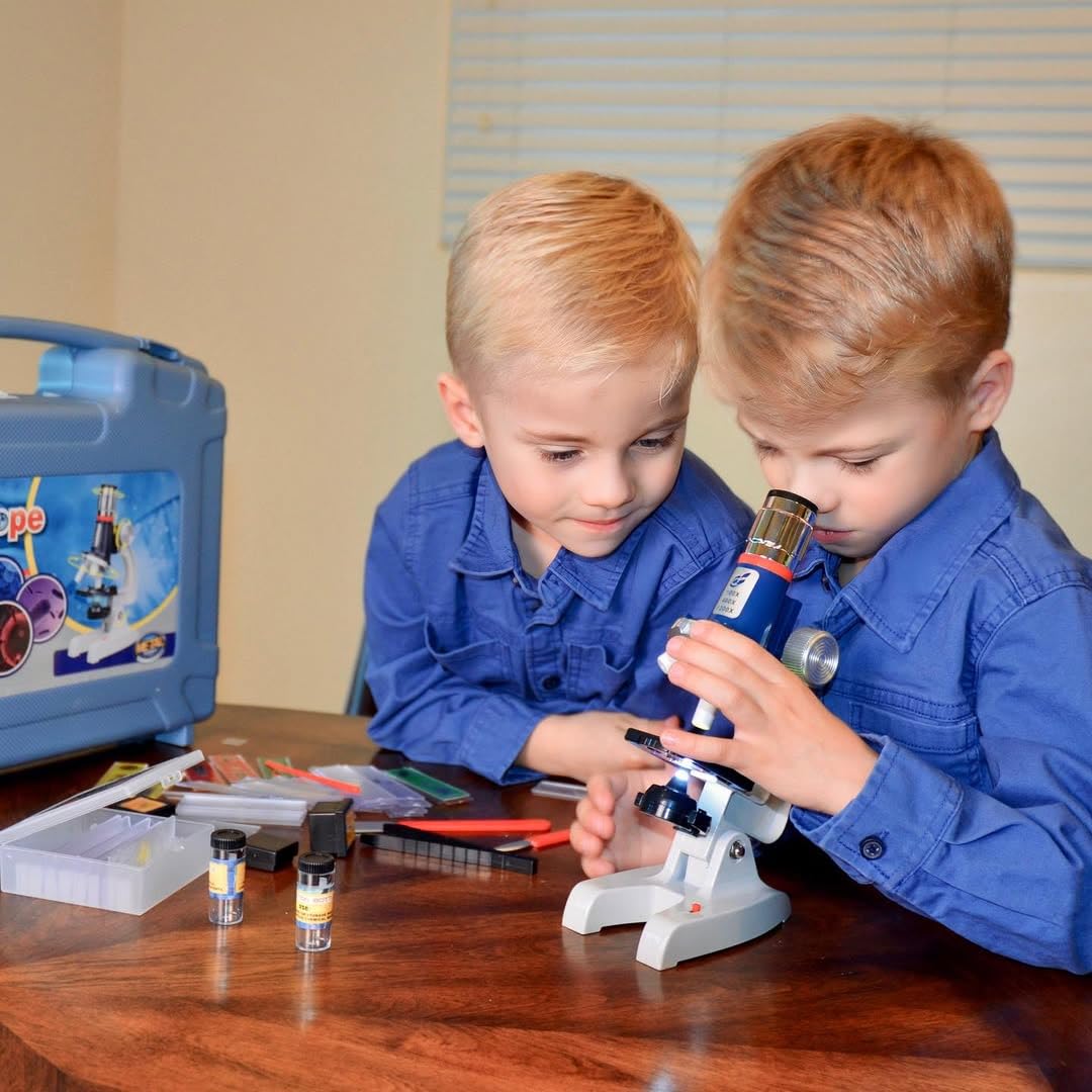 58-Piece Kids Microscope Kit - 100X-1200X Magnification, Metal Body, LED Light, Carrying Box - Science Experiment Toy for Kids Ages 5-12