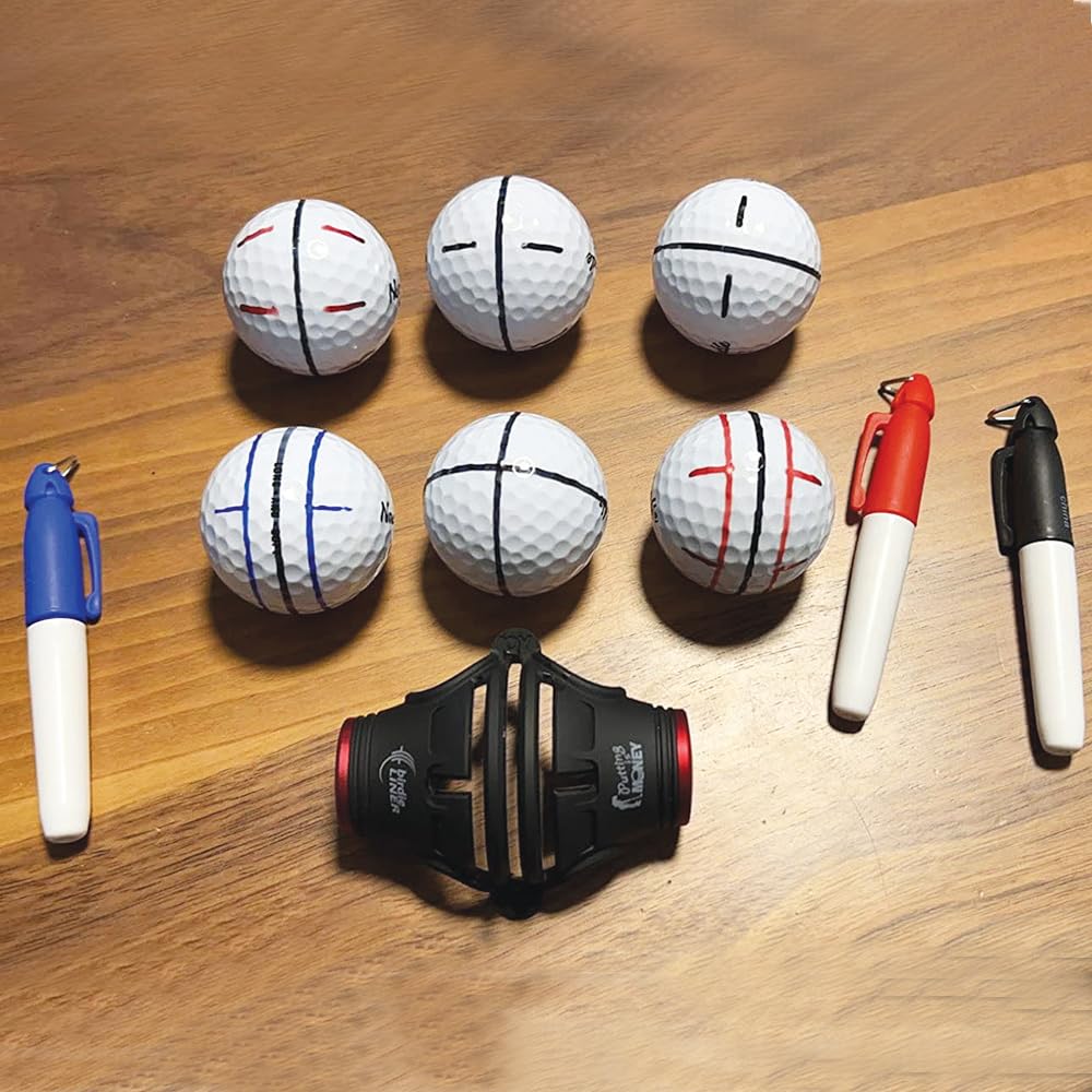 BIRDIE79 Birdie Liner Black Golf Ball Marker Alignment Tool Kit - 360-Degree Triple Line Stencil with 3-Color Pens and Gift Box - Premium Quality(Black)