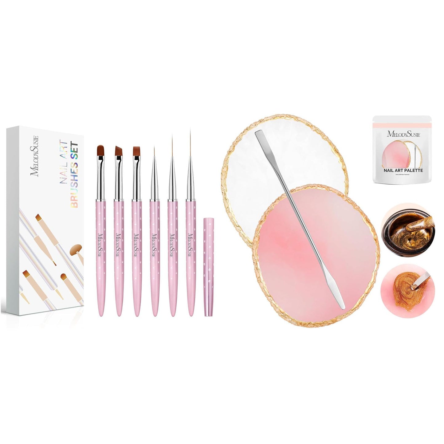 MelodySusie 6pcs Nail Art Brushes Set and 2PCS Nail Art Palette with Stainless Steel Mixing Stick